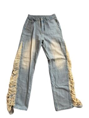 BDG Light Blue Boyfriend Jeans with Cream Fringe Side Panels